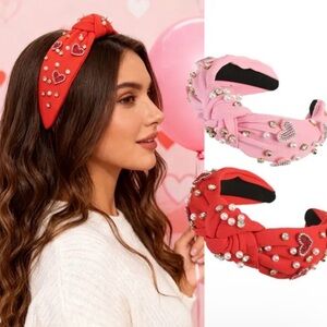 NEW Red Embellished Headband- Hearts & Pearls